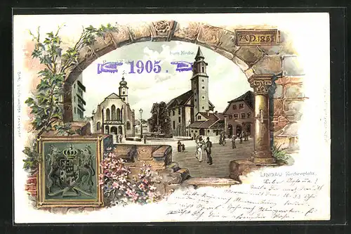 Passepartout-Lithographie Lindau i. B., Kirchenplatz, Wappen