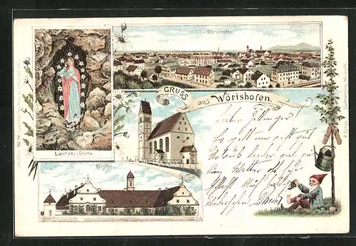 Lithographie Wörishofen, Kloster, Lourdes-Grotte, Ortsansicht