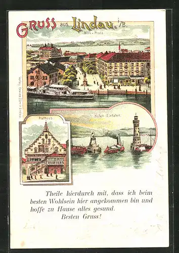 Lithographie Lindau / Bodensee, Rathaus, Max-Platz, Hafeneinfahrt