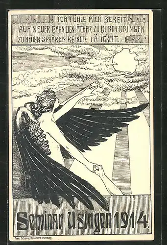 Künstler-AK Usingen / Taunus, Seminar 1914, Ich fühle mich bereit, auf neuer Bahn den Äther zu durchbringen..., Engel