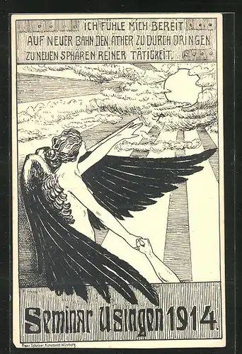 Künstler-AK Usingen / Taunus, Seminar 1914, Absolvia, Engel greift nach der Sonne