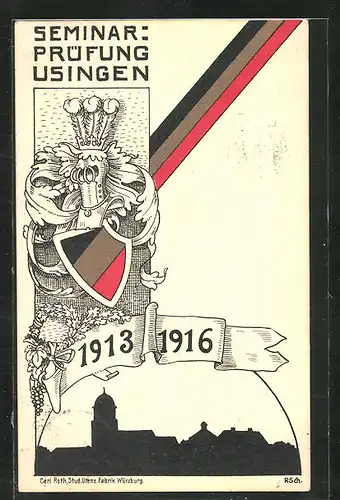 Künstler-AK Usingen / Taunus, Seminar-Prüfung 1913-1913, Wappen und Stadtsilhouette, Absolvia