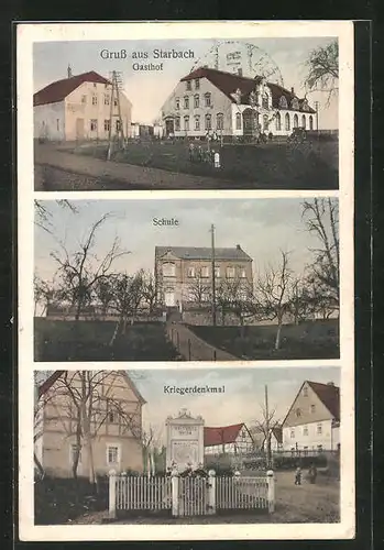 AK Starbach, Gasthof, Schule, Kriegerdenkmal