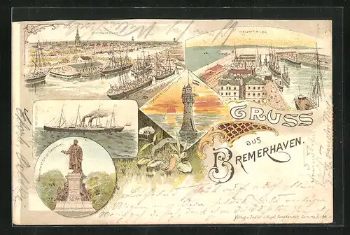 Lithographie Bremerhaven, Denkmal, Leuchtturm und Kaiserhafen