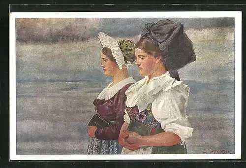 Künstler-AK sign. C. Spindler: Ober-Elsass und Unter-Elsass, Frauen mit Bibel