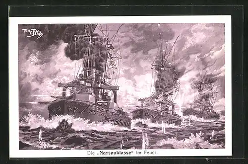 Künstler-AK Arthur Thiele: Die Nassauklasse im Feuer, Kriegsschiff