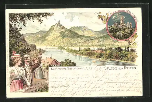 Künstler-AK sign. F. Nitzsche: Blick auf das Siebengebirge, Ruine Godesberg