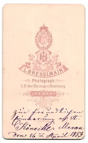 Fotografie L. Bresslmair, Meran, Dame mit grosser Brosche und Ohrringen im Kleid bestickt mit Spitze