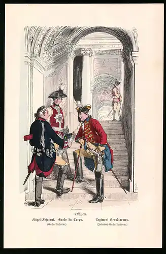 Holzstich Garde du Corps, Offiziere und Flügel-Adjutant, altkolorierter Holzstich v. Kretzschmar nach Menzel um 1853