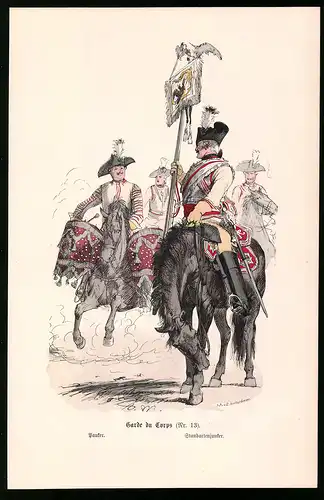 Holzstich Garde du Corps Nr. 13, Standartenjunker & Bauker, altkolorierter Holzstich v. Kretzschmar nach Menzel um 1853