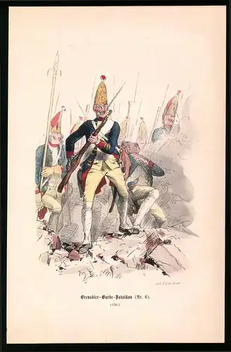 Holzstich 6. Grenadier-Garde-Bataillon, Beim Gefecht 1756, altkolorierter Holzstich v. Kretzschmar nach Menzel um 1853
