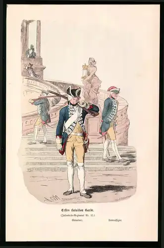 Holzstich Bataillon Garde, Unteroffizier in Uniform, altkolorierter Holzstich v. Kretzschmar nach Menzel um 1853