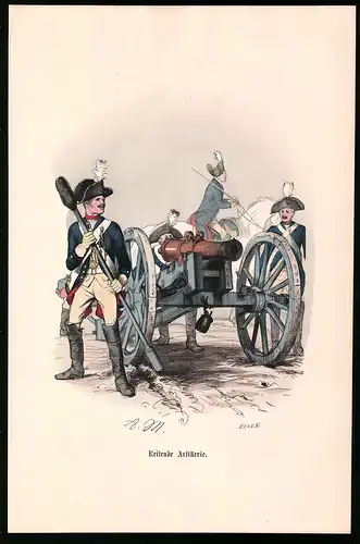 Holzstich Reitende Artillerie, Beim Gefecht mit Kanone, altkolorierter Holzstich v. Kretzschmar nach Menzel um 1853