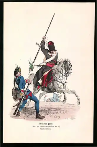 Holzstich Bosniaken-Corps, Beim Kampf in Winter-Uniform, altkolorierter Holzstich v. Kretzschmar nach Menzel um 1853