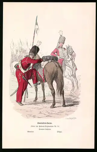 Holzstich Bosniaken-Corps, Offizier in roter Sommer-Uniform, altkolorierter Holzstich v. Kretzschmar nach Menzel um 1853
