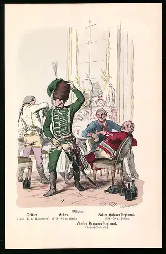 Holzstich Dragoner und Husaren Regiment, Offiziere am Tisch, altkolorierter Holzstich v. Kretzschmar nach Menzel um 1853
