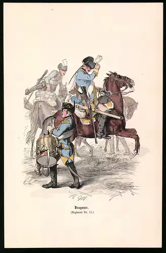 Holzstich Dragoner zu Pferde, Regiment Nr. 11, altkolorierter Holzstich v. Kretzschmar nach Menzel um 1853, 26 x 17cm