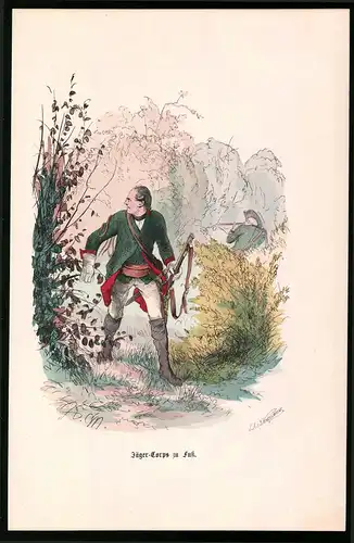 Holzstich Jäger-Corps zu Fuss, altkolorierter Holzstich v. Kretzschmar nach Menzel um 1853, 26 x 17cm