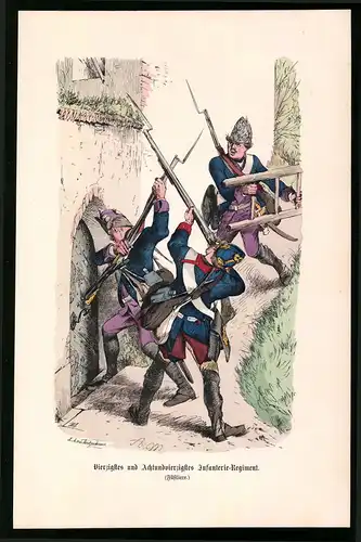 Holzstich 40. & 48. Infanterie-Regiment, Füsiliere, altkolorierter Holzstich v. Kretzschmar nach Menzel um 1853