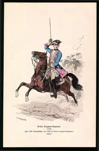 Holzstich 3. Dragoner Regiment, Offizier zu Pferde 1756, altkolorierter Holzstich v. Kretzschmar nach Menzel um 1853
