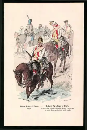 Holzstich Husaren u. Grenadier Regiment, Offizier zu Pferde, altkolorierter Holzstich v. Kretzschmar nach Menzel um 1853