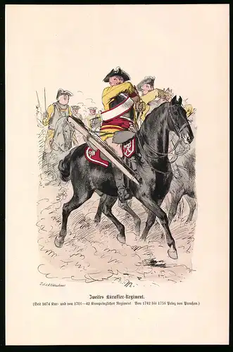Holzstich 2. Kürassier-Regiment, Offizier zu Pferde, altkolorierter Holzstich v. Kretzschmar nach Menzel um 1853