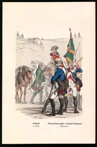 Holzstich 27. Infanterie-Regiment, Feldjäger zu Pferde, altkolorierter Holzstich v. Kretzschmar nach Menzel um 1853