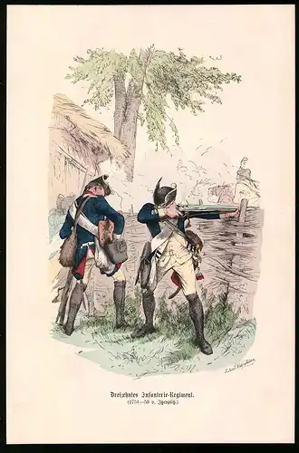 Holzstich 13. Infanterie Regiment, Beim Schussgefecht, altkolorierter Holzstich v. Kretzschmar nach Menzel um 1853