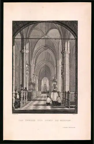 Stahlstich Minden, Das Innere des Doms, Stahlstich um 1840, 23 x 15cm
