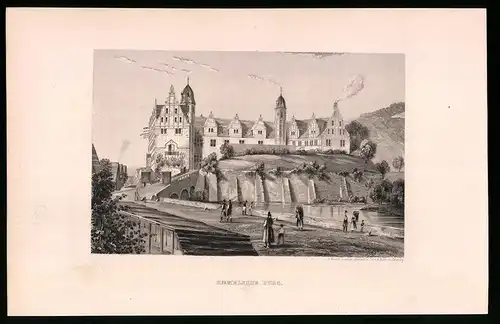 Stahlstich Hämelschenburg, Burg mit Brücke, Stahlstich um 1840, 23 x 15cm