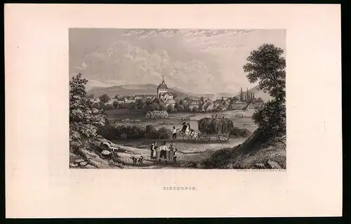 Stahlstich Fischbeck, Ortsansicht mit Kirche, Stahlstich um 1840, 23 x 15cm