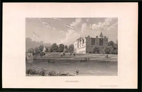 Stahlstich Bückeburg mit Flusspartie, Stahlstich um 1840, 23 x 15cm