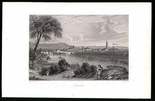 Stahlstich Minden, Totalansicht mit Kirchturm und Flusspartie, Stahlstich um 1840, 23 x 15cm