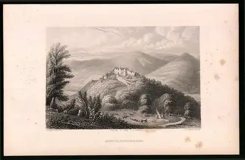 Stahlstich Schwartzenberg, Blick zum Schloss, Stahlstich um 1840, 23 x 15cm