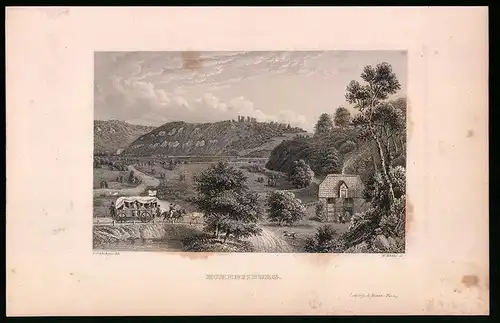 Stahlstich Hohensiburg, Ortsansicht mir Passagier Kutsche, Stahlstich um 1840, 23 x 15cm