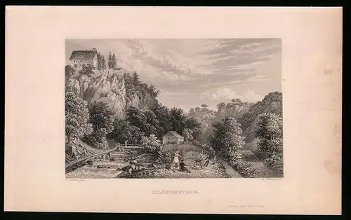 Stahlstich Klusenstein, Ortspartie mit Berghütte, Stahlstich um 1840, 23 x 15cm