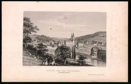 Stahlstich Unterbarmen, Totalansicht aus dem Wupperthal mit Kirche, Stahlstich um 1840, 23 x 15cm