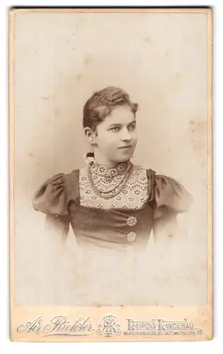 Fotografie Ad. Richter, Leipzig-Lindenau, Merseburgerstr. 61, Portrait bildschönes Fräulein im bestickten Kleid