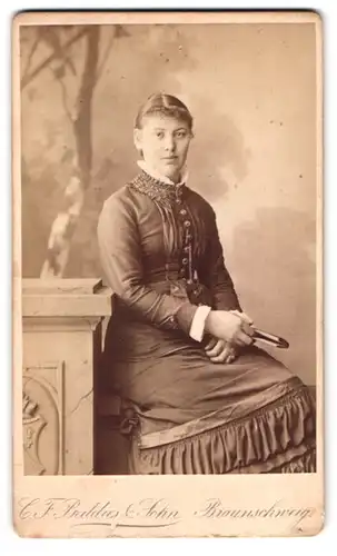 Fotografie C. F. Beddies & Sohn, Braunschweig, Kuhstrasse 10, Portrait bildschönes Fräulein mit Buch im gerüschten Kleid