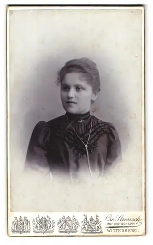 Fotografie Osc. Strensch, Wittenberg, Markt 14, Portrait schönes Fräulein mit Halskette und Brosche