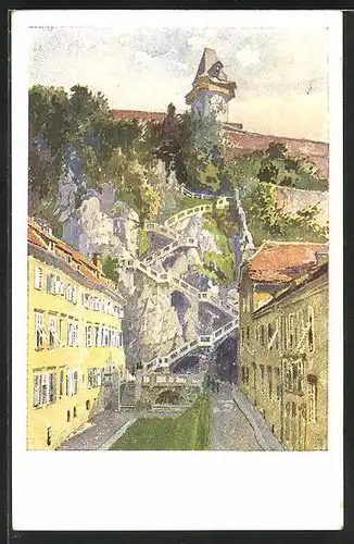 AK Graz, Schlossbergsteig mit Häuser