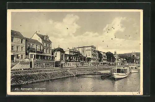 AK Remagen, Rheinufer mit Hotel Anker und Booten