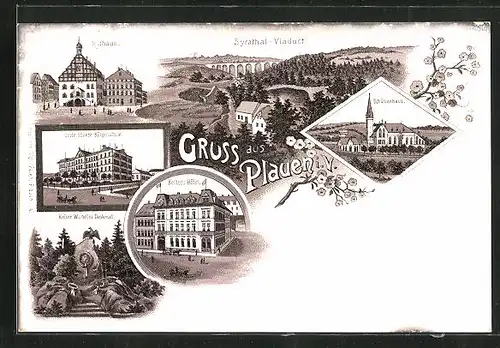 Lithographie Plauen i. V., Kellers Hôtel, Schützenhaus, Rathaus