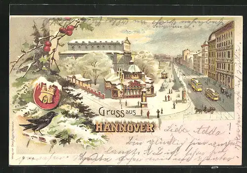 Winter-Lithographie Hannover, Georgstrasse mit Strassenbahn