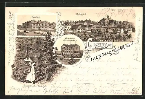Lithographie Clausthal-Zellerfeld, Sanatorium Schwarzenbach, Akademie, Spiegelthaler Wasserfall