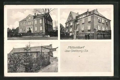 AK Mitteldorf über Stollberg /Sa., Strassenpartien mit Gebäudeansichten