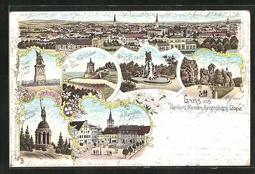 Lithographie Herford, Kaiser Wilhelm-Denkmal, Hermann-Denkmal, Ortspartie, Externsteine, alter Markt