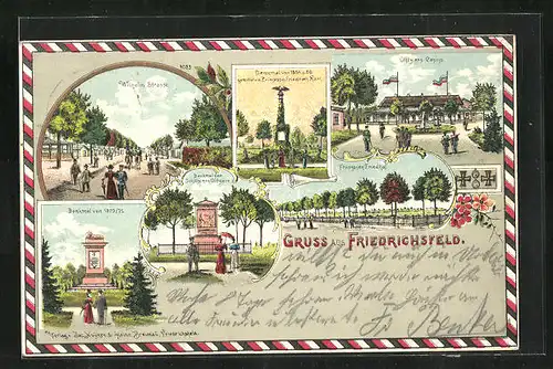 Lithographie Friedrichsfeld, Wilhelm-Strasse, Offiziers Casino, Franzosen Friedhof, Denkmäler