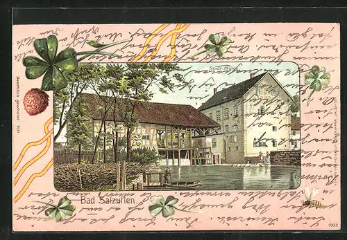 Lithographie Bad Salzuflen, Partie an der Stadt Mühle, Passepartout