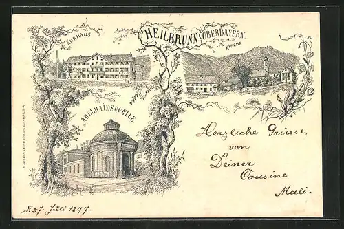 Lithographie Heilbrunn / Oberbayern, Hotel Kurhaus, Adelhaidsquelle, Kirche